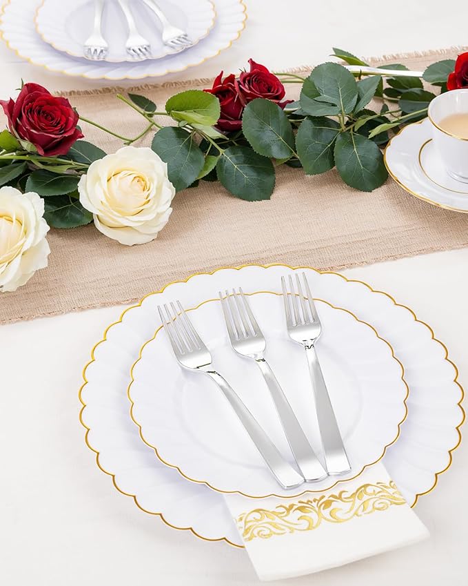 YOUBET 50PCS Silver Plastic Forks - Heavy Duty Plastic Forks - Solid Durable Silver Disposable Silverware for Party Picnic Wedding and Daily Use