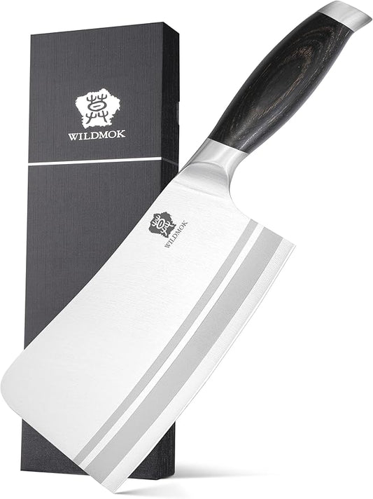 WILDMOK Meat Cleaver Knife, 7 Inch Heavy Duty Bone Chopper, German Stainless Steel Butcher Knife with Black Pakkawood Handle, Chinese Cleaver for Kitchen