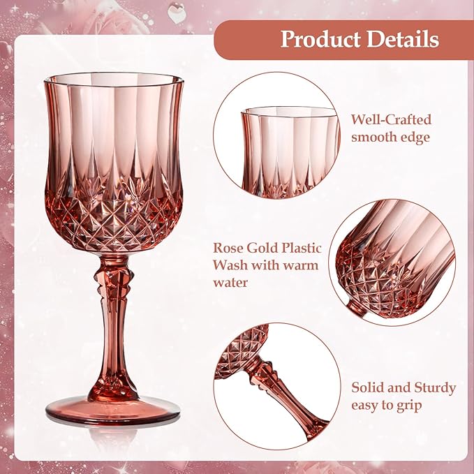 XUWAIDSGN 48 Pcs 7oz Plastic Vintage Wine Glasses Drinking Glasses Unbreakable Wedding Glassware Crystal Water Goblets Reusable Drinkware Vintage Champagne Flutes (48, Rose Gold)