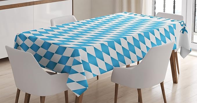Ambesonne Oktoberfest Tablecloth, Oktoberfest Celebrating Traditional Holiday Ribbon on Checkered Background, Rectangular Table Cover for Dining Room Kitchen Decor, 60" X 90", White Blue