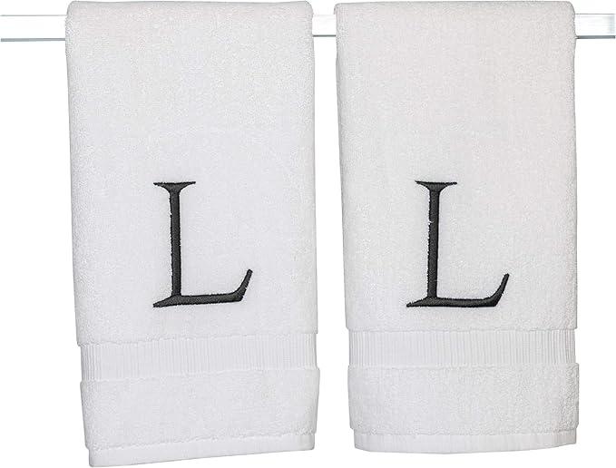 Black & White Bathroom Hand Towel - Monogrammed Luxury Hotel Quality Decorative Embroidered Towel for Powder Room, Spa - GOTS Organic Certified - Set of 2 Letter L