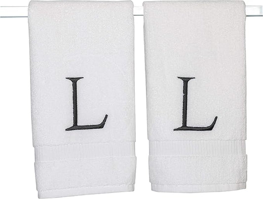 Black & White Bathroom Hand Towel - Monogrammed Luxury Hotel Quality Decorative Embroidered Towel for Powder Room, Spa - GOTS Organic Certified - Set of 2 Letter L