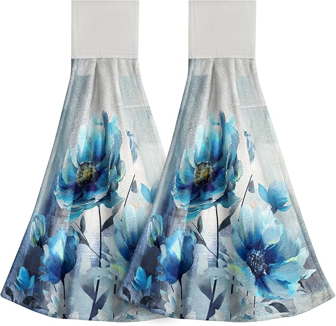 Giwawa Blue Floral Hanging Kitchen Towels 2 Pieces Watercolor Flower Dish Cloth Soft Absorbent Tie Towels Tea Bar Towels for Hotel Toilet Home