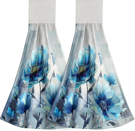 Giwawa Blue Floral Hanging Kitchen Towels 2 Pieces Watercolor Flower Dish Cloth Soft Absorbent Tie Towels Tea Bar Towels for Hotel Toilet Home