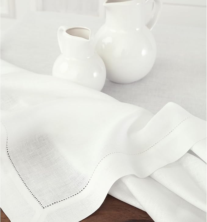 Solino Home Linen Tablecloth for Rectangle Tables 60 x 156 Inch - Classic Hemstitch 100% Pure Linen White Table Cloth - Machine Washable Cloth Tablecloth for Valentines, New Year