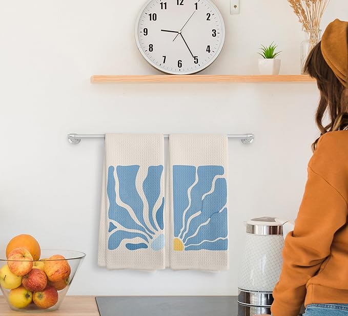 Beige Bohemian Flower Kitchen Towels and Dishcloths Set of 2, Abstract Flower Decorative Hand Towels, Blue Dorm Decor, Blue Botanical Drying Cloth Towels for Preppy Bathroom, 1624 Inches