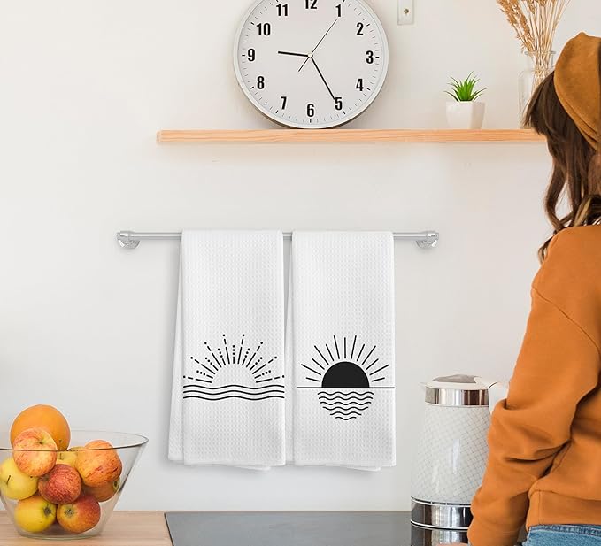 Minimalist Boho Black Sun Sunrise Sunray Sunburst Ocean Wave Sea Horizon Kitchen Towels and Dishcloths Sets of 2,Boho Absorbent Drying Cloth Hand Towels Tea Towels for Bathroom Kitchen,16×24 inches