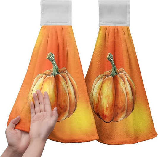 Fall Pumpkins Hanging Kitchen Towels 2 Pieces Orange Autumn Hanging Dish Towels Decorative Hand Towel Soft Lightweight Polyester Tie Towel for Kitchen Bathroom Dorm Home Decor 17 * 12 Inch