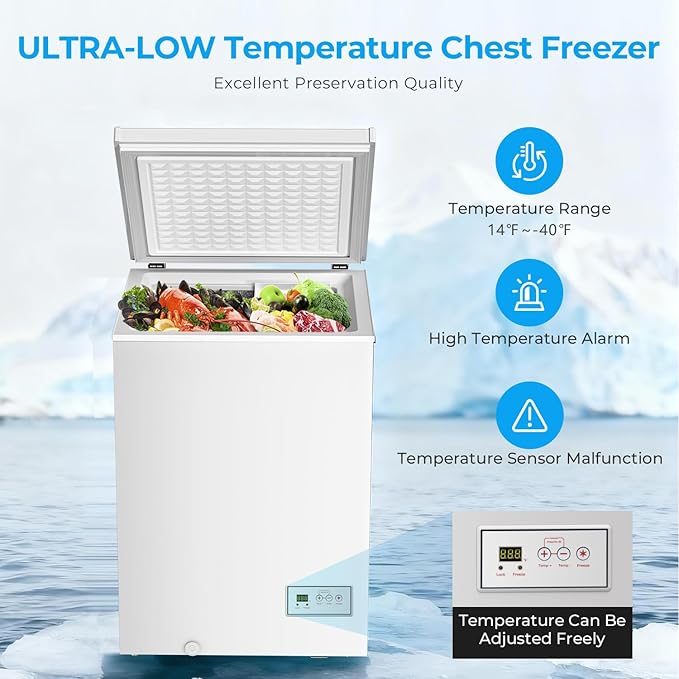Antarctic Star Chest Freezer 3.2 Cubic Feet 14℉ to -40℉ Low Temperature Freezer with Removable Basket,Free Standing Top open Door Deep Freezer, Adjustable Temperature for Home, Basement, Kitchen,White