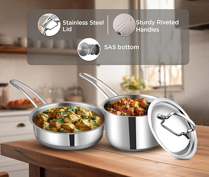 Vinod Classique Deluxe 2-Pc Stainless Steel Cookware Set – 16 cm Saucepan & 20 cm Frypan, Extra-Deep Design, Riveted Handles, Induction & Gas Compatible, Dishwasher Safe