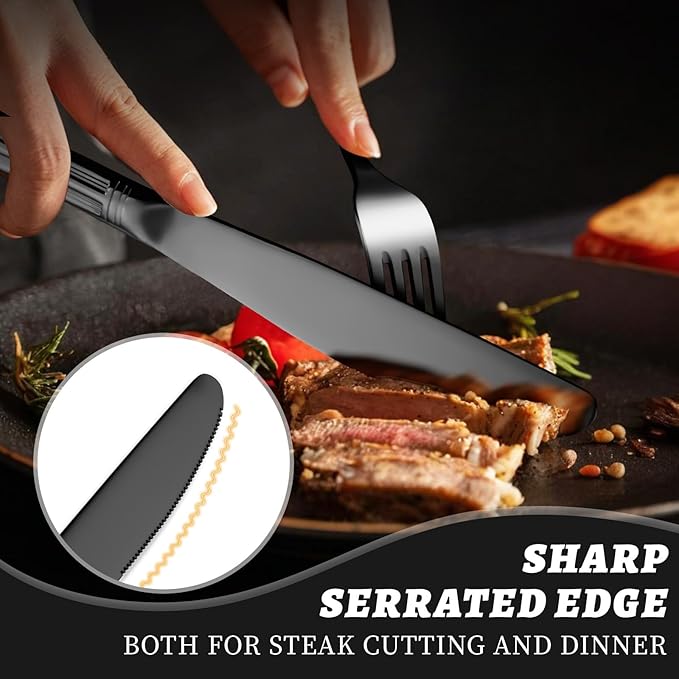 TIVOLI Silverware Set for 8, 40 Piece Heavy Duty Stainless Steel Flatware Utensils Cutlery Set Including Steak Knife Fork and Spoon, Dishwasher Safe, Gift Package for Wedding Housewarming (Black)