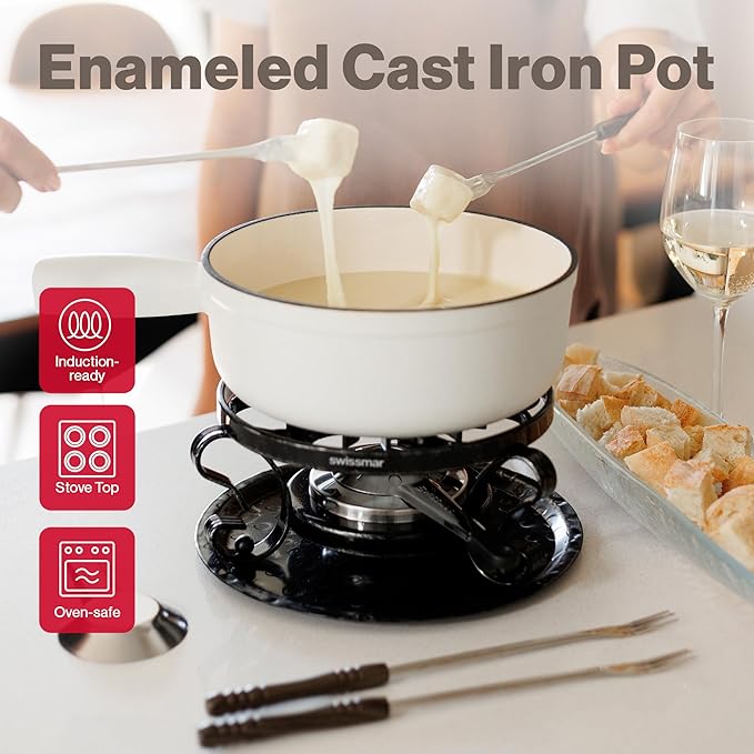 Swissmar Lugano Cast Iron Cheese Fondue Set, 9-Piece, 2 QT / 2 L - Ideal for Melting Cheese, Chocolates, Caramel, & More - Perfect for Kitchen Collection & Gift Giving - Matte White