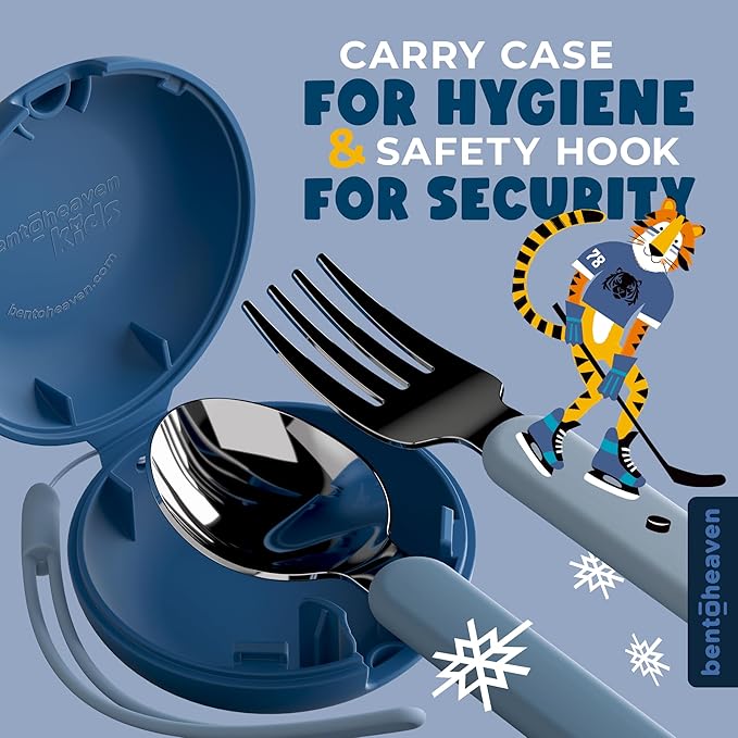 Bentoheaven Kids Travel Utensils with Case, Food-Grade Stainless Steel & BPA-Free Plastic, Travel Cutlery Set, Dishwasher Safe Fork, Spoon & Case, Reusable Flatware, Silverware for Kids (Tiger)
