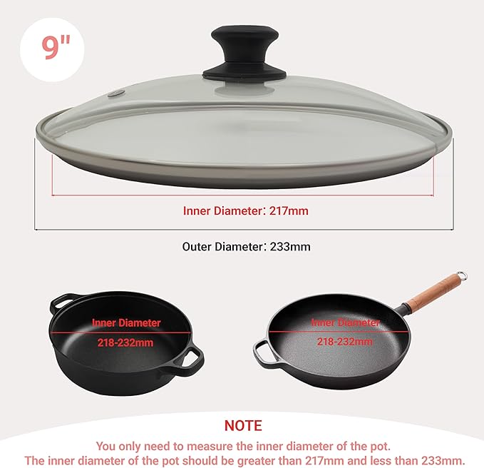 Pan Lid for Frying Pan, Tempered Glass Pot Lid with Stainless Steel Frame for 9 Inch Pots Frying Pans Skillets Woks