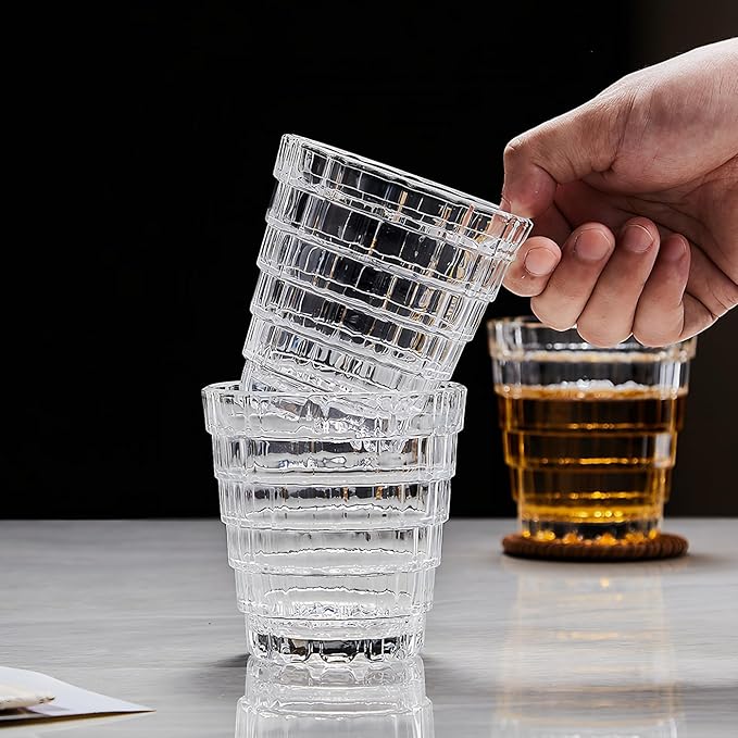 Vintage Drinking Glasses Set of 6, Mojito Glass Cups Stackable Water Tumbler, for Beer, Cocktail, Whiskey, Juice & Mixed Drinks. (8 OZ)