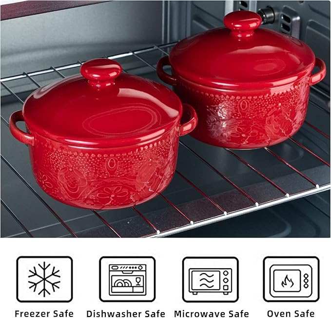 Mini Cocotte Set, 10 OZ Small Casserole Dishes with Lids, Ceramic Kitchen Casserole Sets With Handles, French Onion Soup Bowls, Soup Crocks for French Onion, Desserts, Beef Stew, Cereal, Pot Pies, Set of 4 (Red)