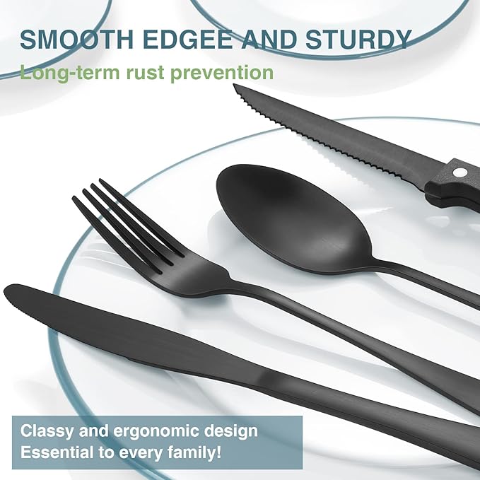 Black Silverware Set, Umite Chef 49-Piece Flatware Set with Drawer Organizer, Durable Stainless Steel Cutlery Set for 8, Tableware Eating Utensils with Steak Knives for Home Restaurant