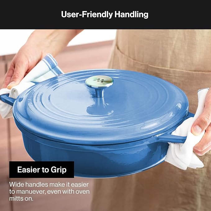 Misen 5.5 QT Braiser – Enameled Cast Iron Pan for Searing, Braising & Slow Cooking – No-Chip Enamel Coating – Extra-Wide Handles – Superior Heat Retention & Even Cooking - Blue