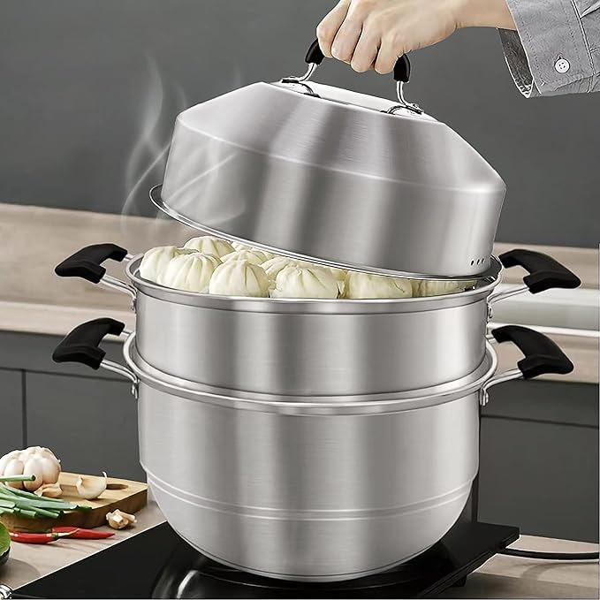 MANO Steamer Pot for Cooking 14.2 inch Steam Pots with Lid 2-tier Stainless Steel Steaming Pot Multipurpose Cookware with Handle for Vegetable, Dumpling, Stock, Sauce, Food…