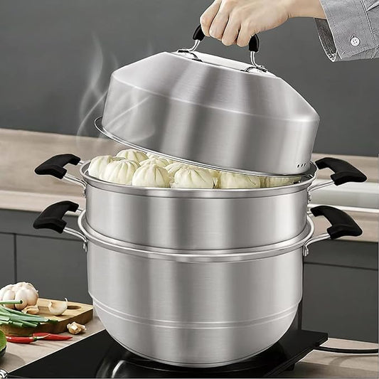 MANO Steamer Pot for Cooking 14.2 inch Steam Pots with Lid 2-tier Stainless Steel Steaming Pot Multipurpose Cookware with Handle for Vegetable, Dumpling, Stock, Sauce, Food…