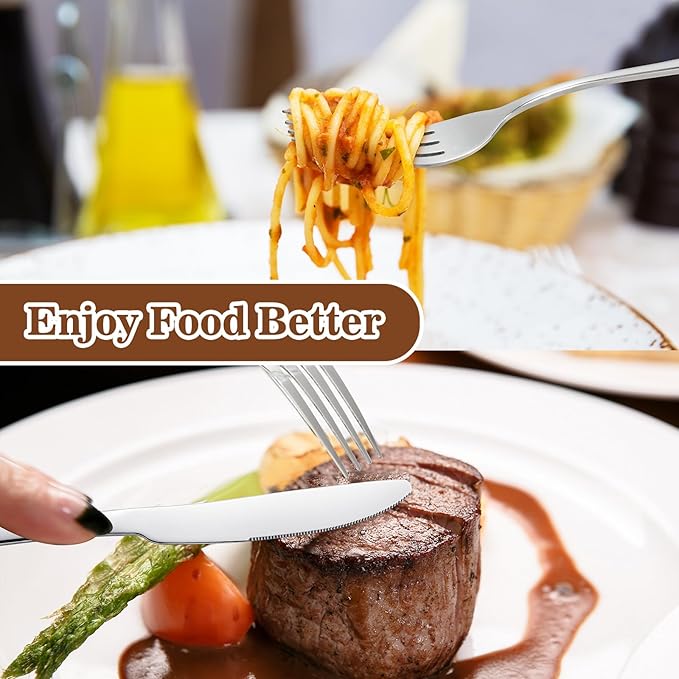 Nuenen 50 Pieces Stainless Steel Forks Silverware Set Dinner Forks and Knives Flatware Tableware Cutlery Set for Kitchen Restaurant(8.07 x 0.94 Inch, 9.06 x 0.79 Inch,Shiny Silver)