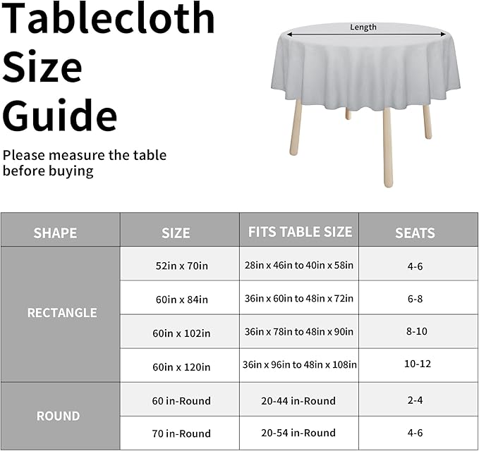 Easy-Going Faux Linen Waterproof Spill-Proof Tablecloth Stain Resistant Round Table Cloth Wrinkle Free Decorative Fabric for Kitchen, Dining, Party, Weddings, Restaurants (70 in-Round, Grey)