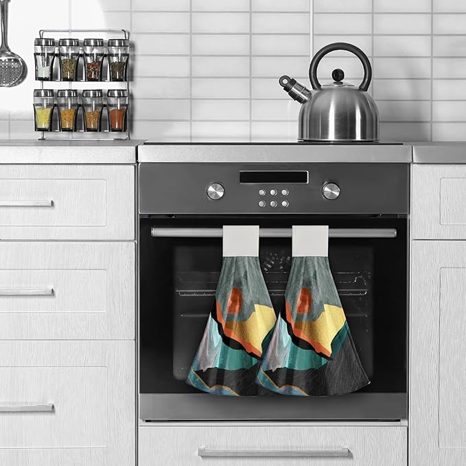 Giwawa Sun Mountain Hanging Kitchen Towels 2PCS Abstract Forest Hand Towels Tie Towel with Loop Soft Dish Towels for Bathroom Laundry Room Decor