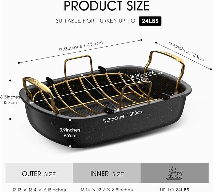 Nonstick Roasting Pan with Rack, 17" x 13" Large Turkey Roaster Pan, Oven Roasting Pan, Roaster Pan for Turkey, Chicken, Vegetable, Gold & Black