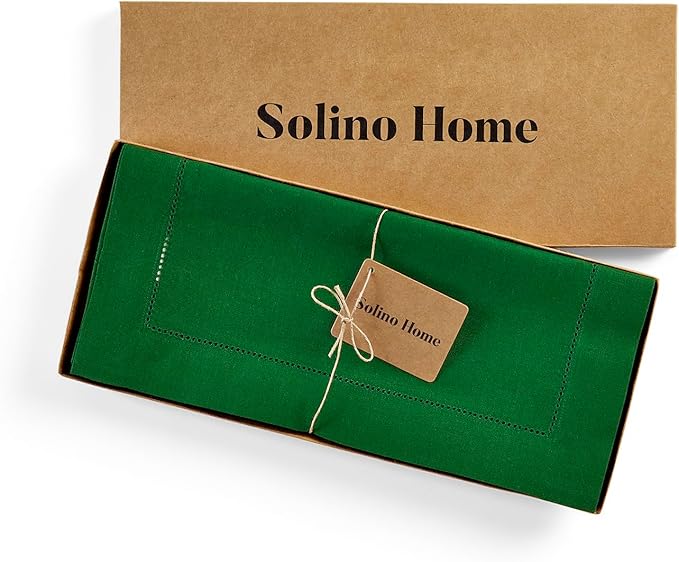 Solino Home Linen Garden Green Table Runner 144 Inches Long - 100% Pure Linen Extra Long Table Runner 14 x 144 Inch for Winter, New Year - Classic Hemstitch