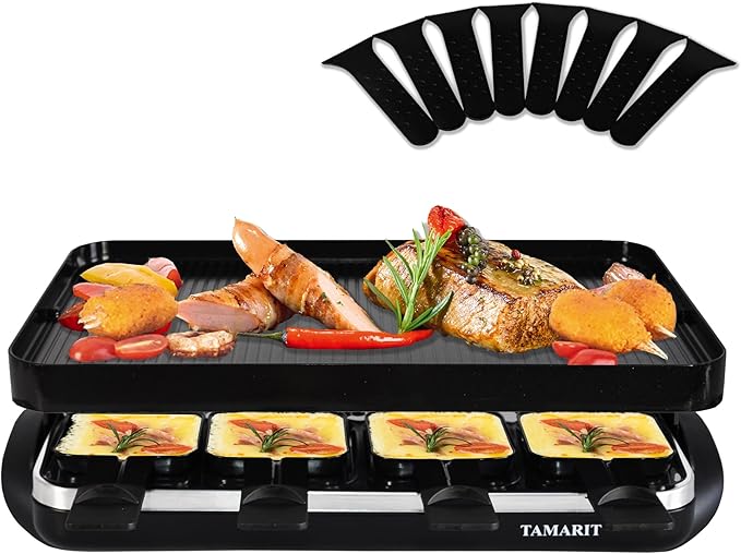 TAMARIT Classic 8 Person Raclette Grill 1500W Electric Tabletop Griddle with Reversible Plate, 8 Non-Stick Cheese Trays and Spatulas Indoor Portable Korean BBQ Barbecue Party Grill Black
