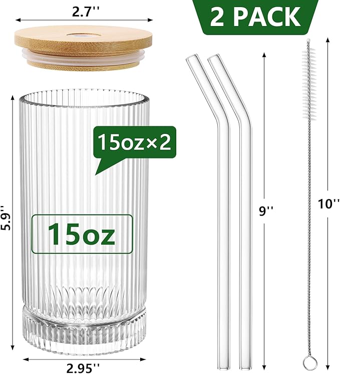 15 Oz Glass Cups with Lid and Straw, Iced Coffee Cups with Lid, Vintage Glassware for Whiskey Cocktail Beer (2 PACK)