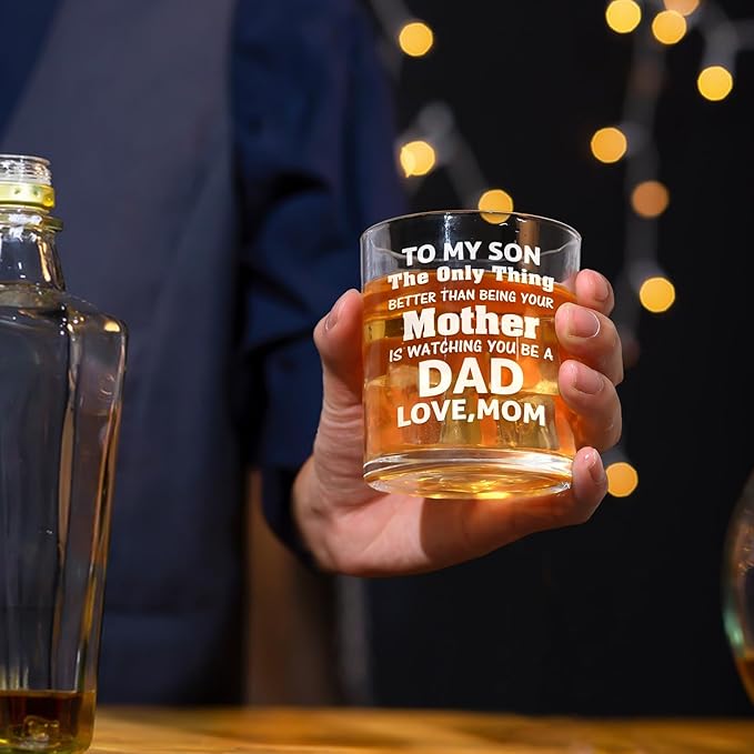 Futtumy Son Gifts from Mom, To My Son Watching You Be a Dad Whiskey Glass, Birthday Christmas Fathers Day Dad to Be Gifts, 10 OZ Old Fashioned Glass