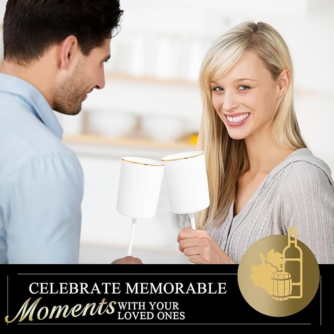 Ciaell 12 Pack White Plastic Wine Glasses with Stem - 10 Oz White and Gold Disposable Wine Glasses for Parties & Christmas & Weddings & Poolside & Toasting & Outdoors & New Year