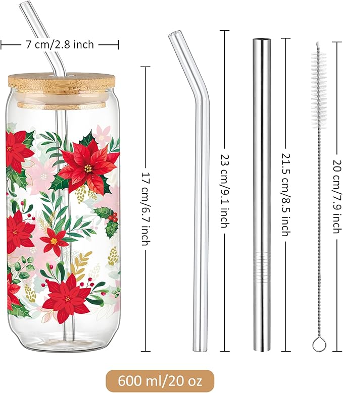 Joeyan Christmas Glass Cups with Lids and Straws,20 oz Iced Coffee Tumbler with Red Poinsettia flower Patterns,Cute Can Shaped Beer Drinking Glasses,Holiday Gifts for Women Mom Friend