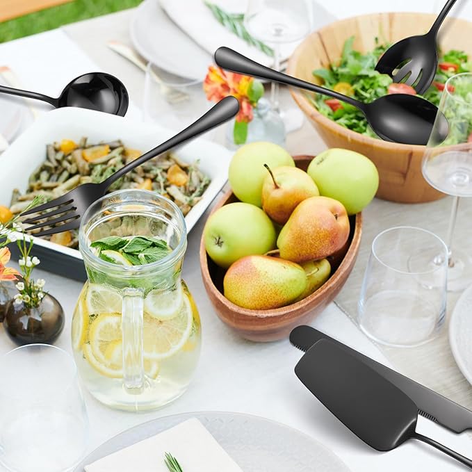 A · HOUSEWAR Black Flatware Serving Set 7 Piece Stainless Steel Catering Utensils include Soup Ladle Large Slotted Spoon Big Server Fork12” Cake Knife Pizza Spatula Parties Buffet