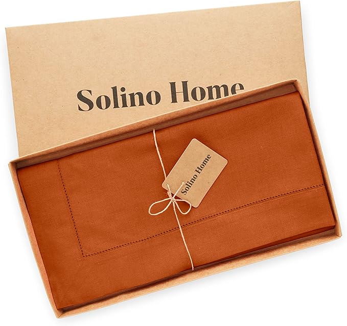 Solino Home Cinnamon Cotton Linen Tablecloth 52 x 52 Inch - Hemstitch Square Table Throw - Machine Washable Tablecloth