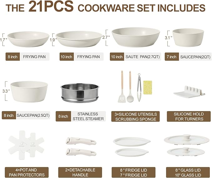 21PCS Pots and Pans Set Ceramic, Pots and Pans Set Non Stick, Removable Handle, Stackable, Nonstick Cookware Set, Non Stick for Cooking