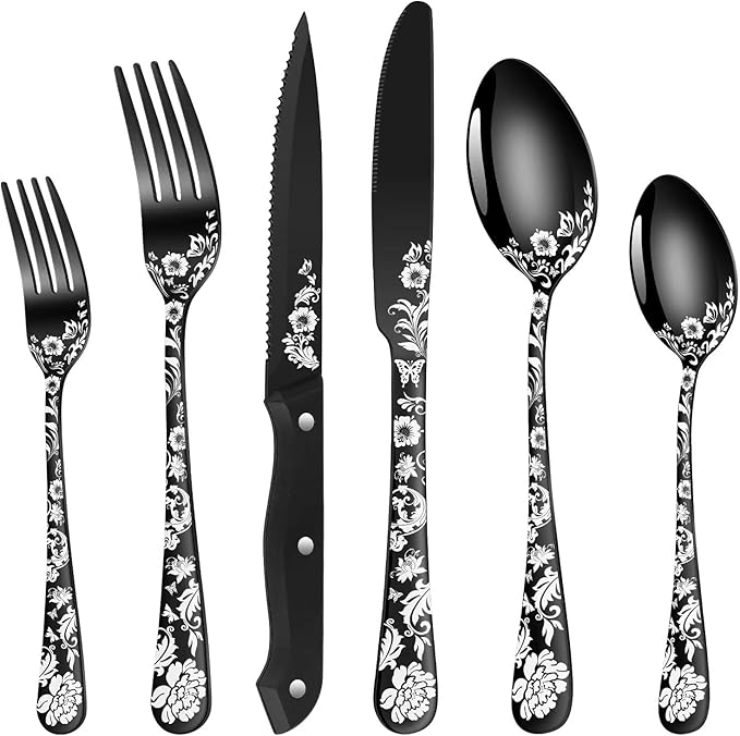 48-Piece Black Silverware Set with Steak Knife, Black Flatware Sets for 8, Stainless Steel Cutlery Set Includes Forks Knives Spoons,Unique Pattern Design，Mirror Polished and Dishwasher Safe