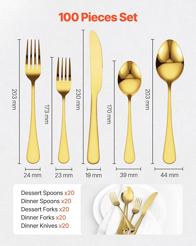 VEVOR 100-Piece Gold Silverware Set, Food-Grade Stainless Steel Flatware Utensils for 20, Mirror Finished Cutlery Set, Dishwasher Safe Eating Tableware for Kitchen Home, Include Knife Fork Spoon