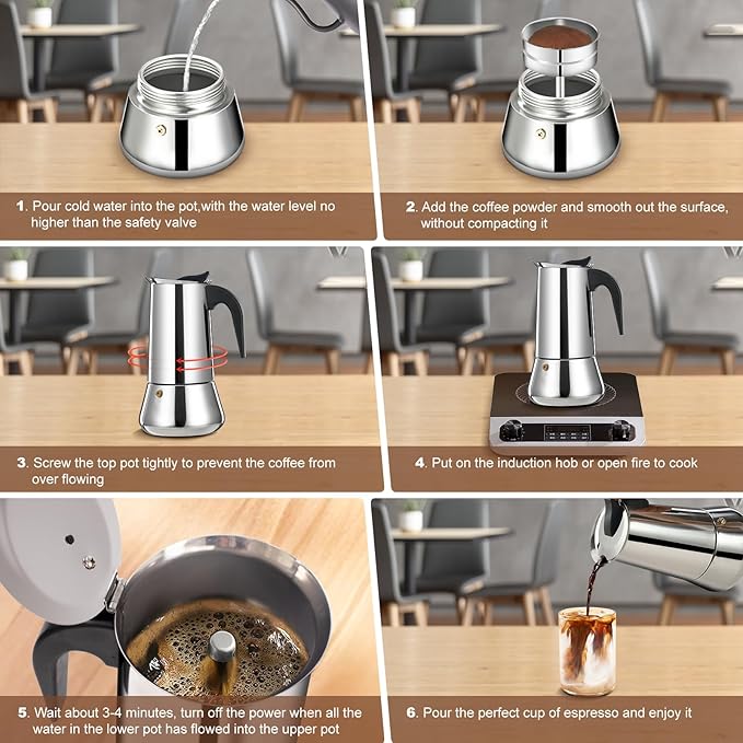 2 Cup Stovetop Espresso Maker Stainless Steel Moka Pot Stove Top Percolator Italian Coffee Makers Capable Mocha Greca Machine Cafe Classic Induction Cookers for Home and Camping 100ml 3.3oz