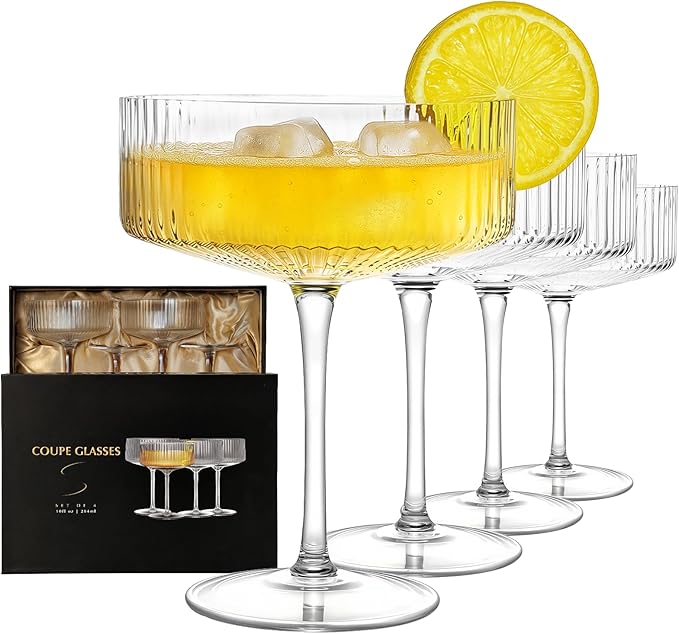 4 Pcs Coupe Glasses, Hand Blown 10 oz Cocktail Glasses, Ribbed Martini Glasses, Gift Boxed Drinking Glasses Set Pefect for Espresso Martini, Manhattan, Cocktail, Wine, Champagne
