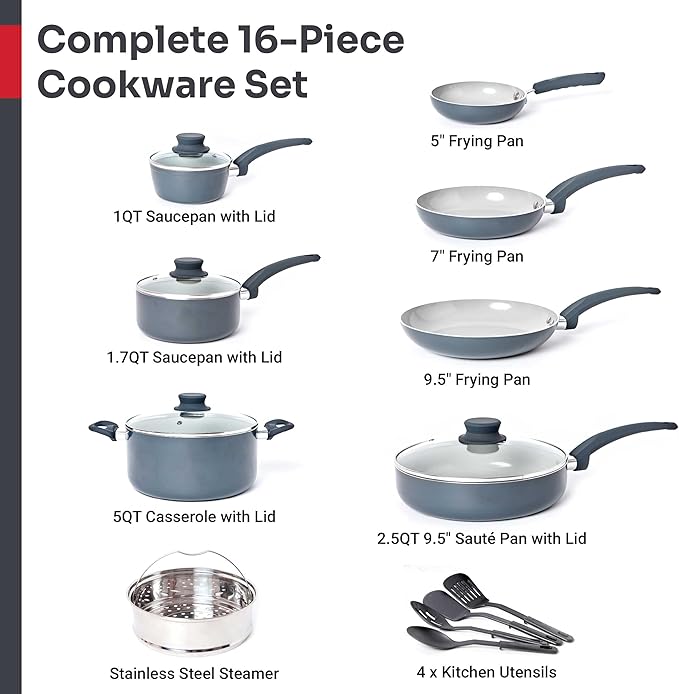 Mueller 16-Piece Healthy Stone Pots and Pans Set Non Stick, Non Toxic Ceramic Cookware Set, Dishwasher Safe, w Frying Pans, Sauce Pan, Steamer, Vac-Free Vented Glass Lids, Kitchen Utensils, Slate