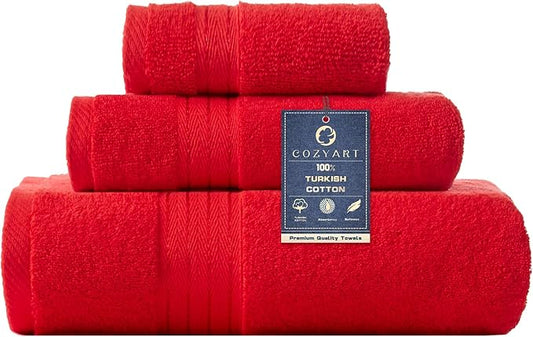 COZYART Luxury Red Bath Towels Set 3 Pcs, Cotton Hotel Large Towels for Bathroom, Thick Bathroom Sets of 3 with 1 Bath Towel, 1 Hand Towel, 1 Washcloth, 650 GSM