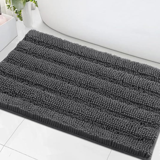 H.VERSAILTEX Bath Mats for Bathroom Non Slip Extra Thick Chenille Striped Bath Rug 24" x 36" Absorbent Non Skid Fluffy Soft Shaggy Rugs Washable Dry Fast Plush Mats for Indoor, Bath Room, Tub - Grey