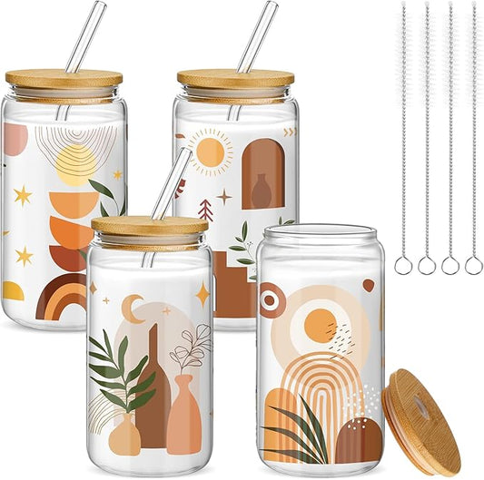 Mumufy 4 Pack Bohemian Neutral Aesthetic 16 oz Glass Cup Tumbler with Bamboo Lid & Straw, Boho Rainbow Abstract Design Iced Coffee Mugs, Gift for Women Mom Sister Mothers Day Birthday