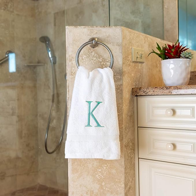 White Monogrammed Hand Towels for Bathroom - Luxury Hotel Quality Personalized Initial Decorative Embroidered Towel for Powder Room, Spa - GOTS Organic Certified - Set of 2 Teal Letter K