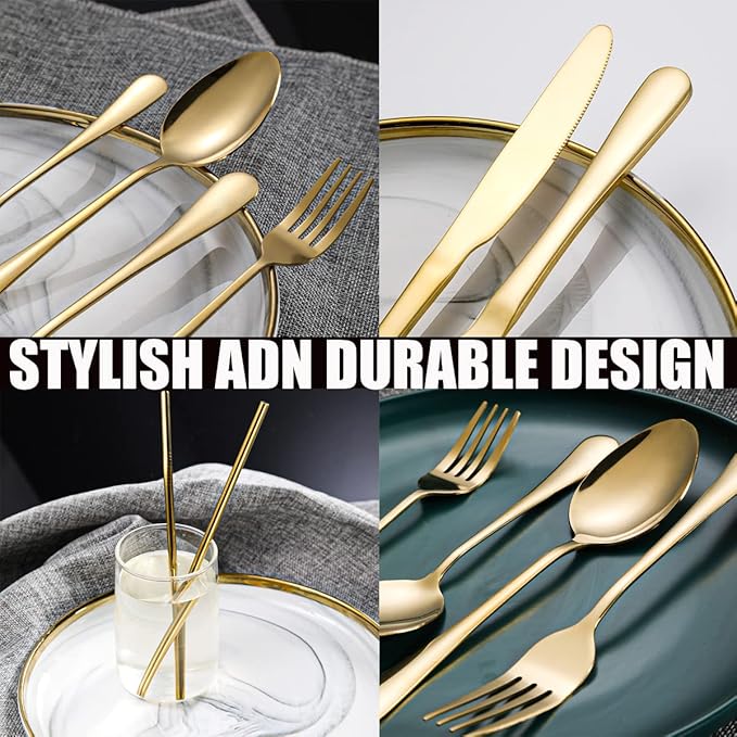 56 Pieces Gold Silverware Service for 8 Flatware Set with Straws Stainless Steel Utensils Cutlery Set Dishwasher Safe Flatware (Gold, 56)