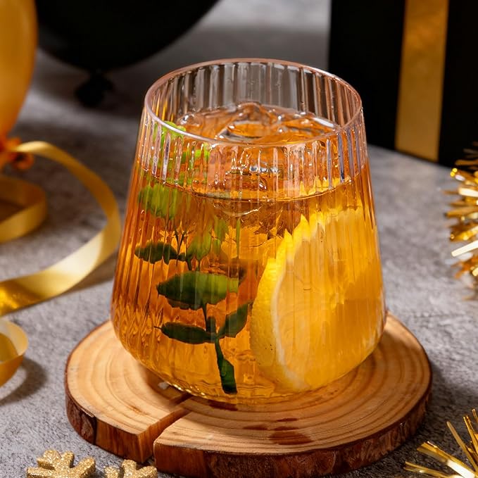 Ciaell 30 Pack Plastic Ribbed Wine Glasses - 14 OZ Thicker Origami Stemless Disposable Wine Champagne Whiskey Unbreakable Cocktail Glass, Reusable Wine Cups for Party Wedding Bar Christmas New Year