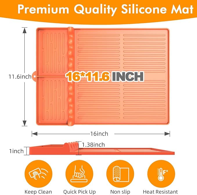 Silicone Griddle Tool Mat Compatible with Blackstone Weber - Flat Top Grill Pellet Smoker Side Shelf Spatula Mat with Drip Pad - Thanksgiving Christmas Gifts for Men BBQ Grilling Accessories (Orange)