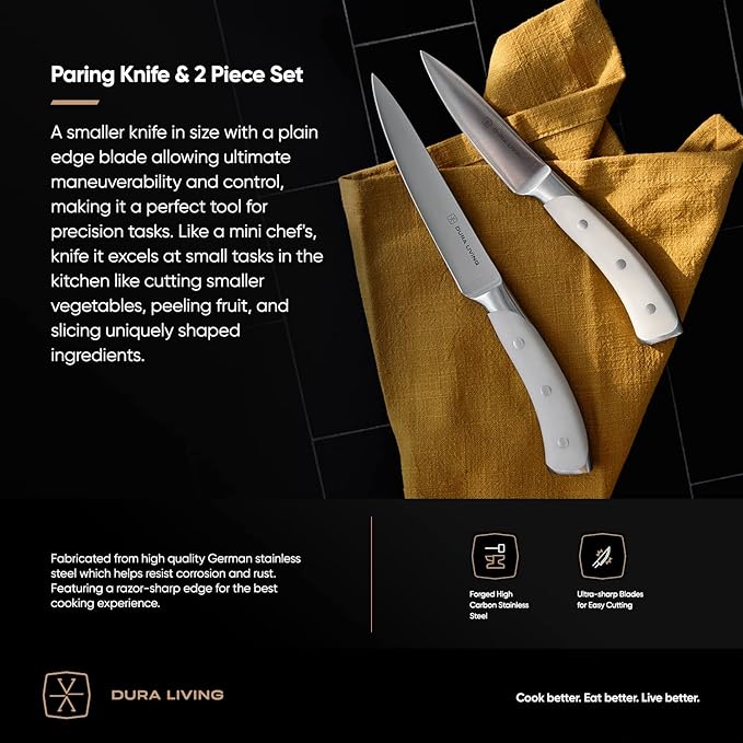 DURA LIVING 3.5-Inch Paring Knife – Ultra-Sharp German High Carbon Stainless Steel, Full Tang, Ergonomic Handle, Multipurpose Kitchen Knife for Chopping, Slicing, and Dicing, Cream